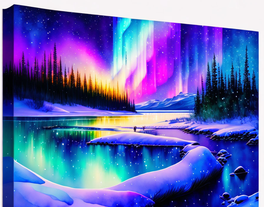 Aurora over snowy landscape with forest reflection on corner canvas