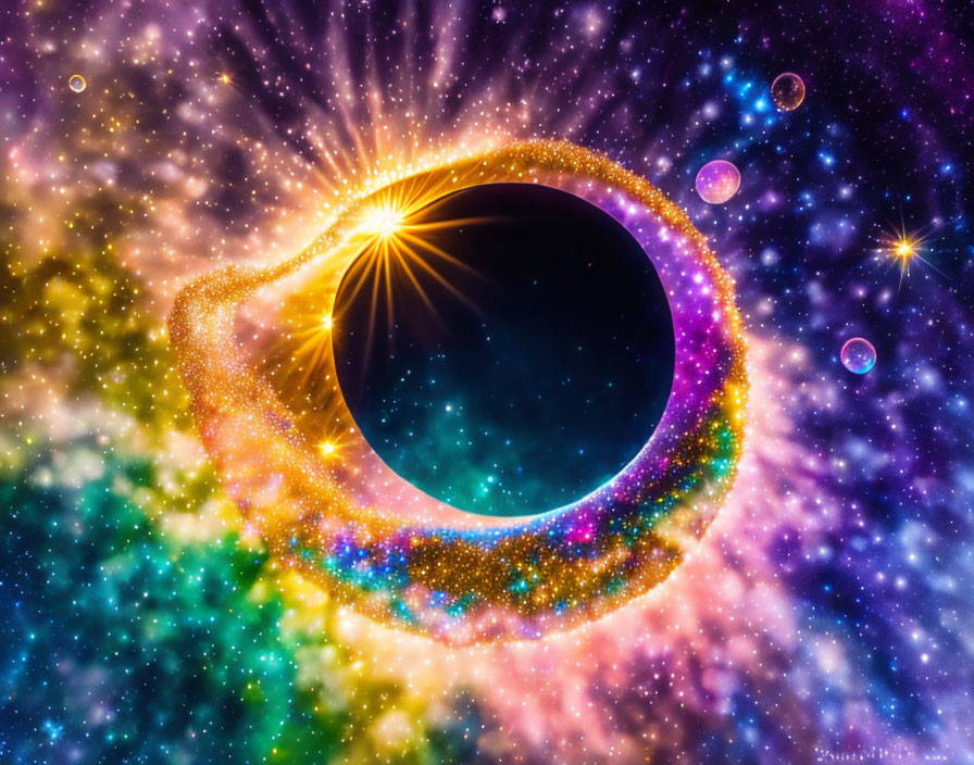 Colorful cosmic artwork featuring a vibrant black hole and accretion disk