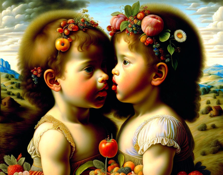 Children with fruit-adorned hair in a landscape setting