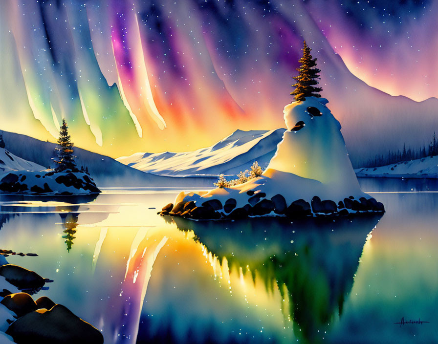 Northern Lights over snowy mountain lake with reflections