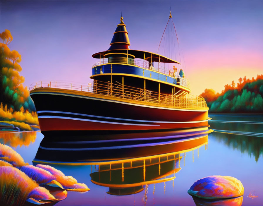 Vintage riverboat painting at dusk with autumn trees reflection