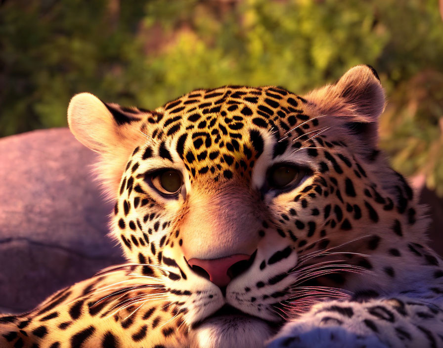 Detailed fur patterns on jaguar's face in warm, sunlit setting