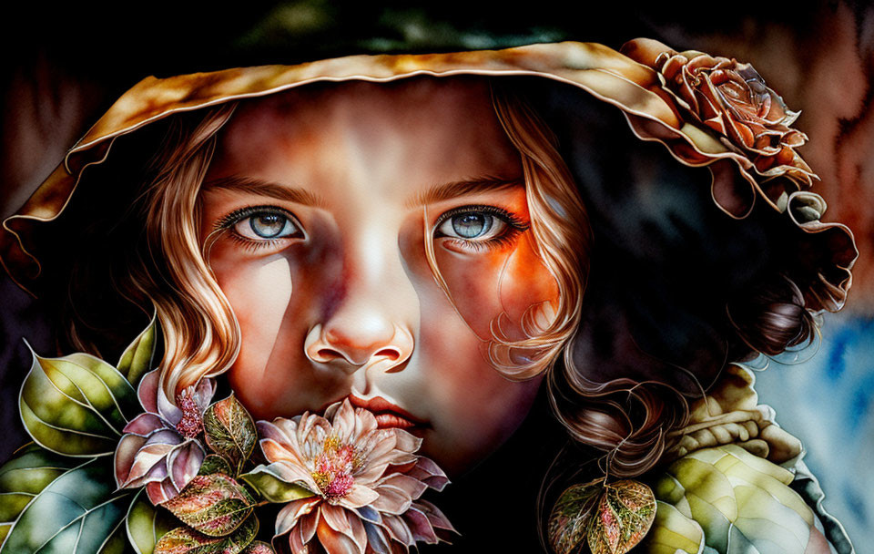 Vivid painting: Girl with large blue eyes in flower-adorned hat