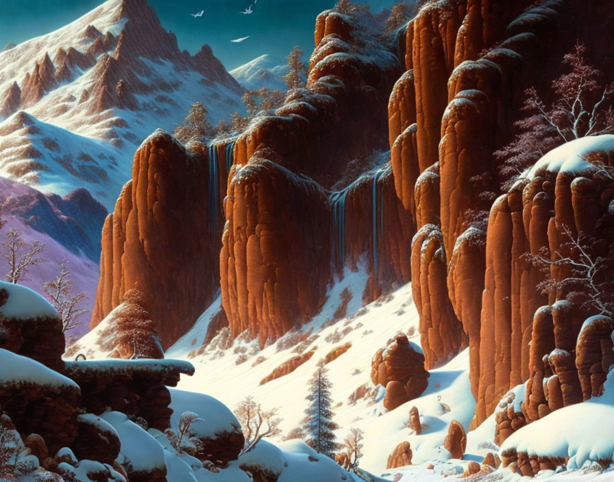 Snowy landscape with rock formations, frozen waterfalls, and mountains