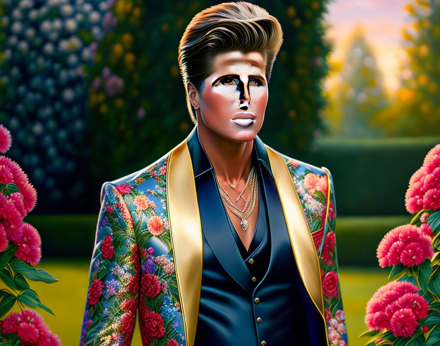 Stylish male figure in floral blazer amid vibrant garden sunset