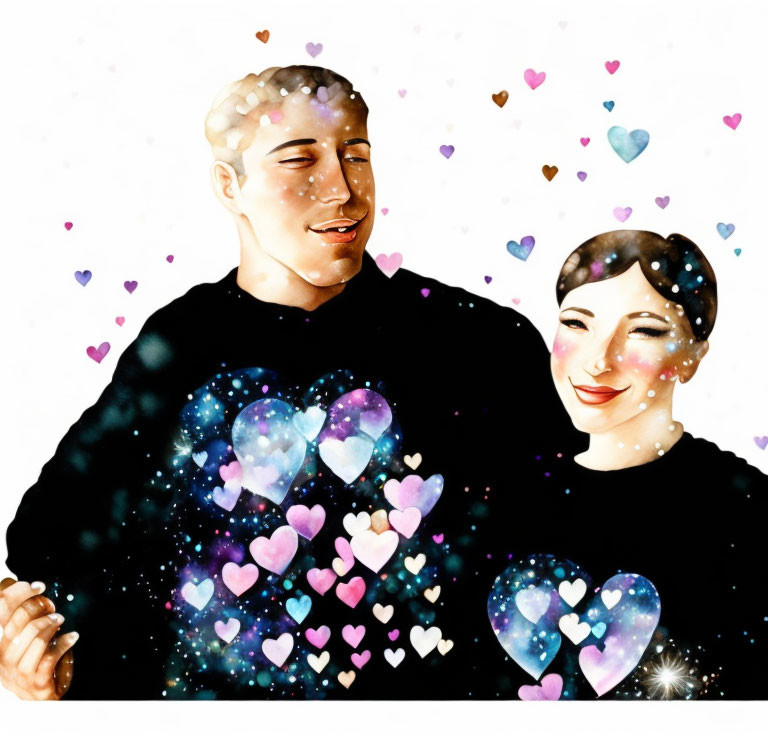 Couple in Galaxy Print Sweaters Surrounded by Floating Hearts