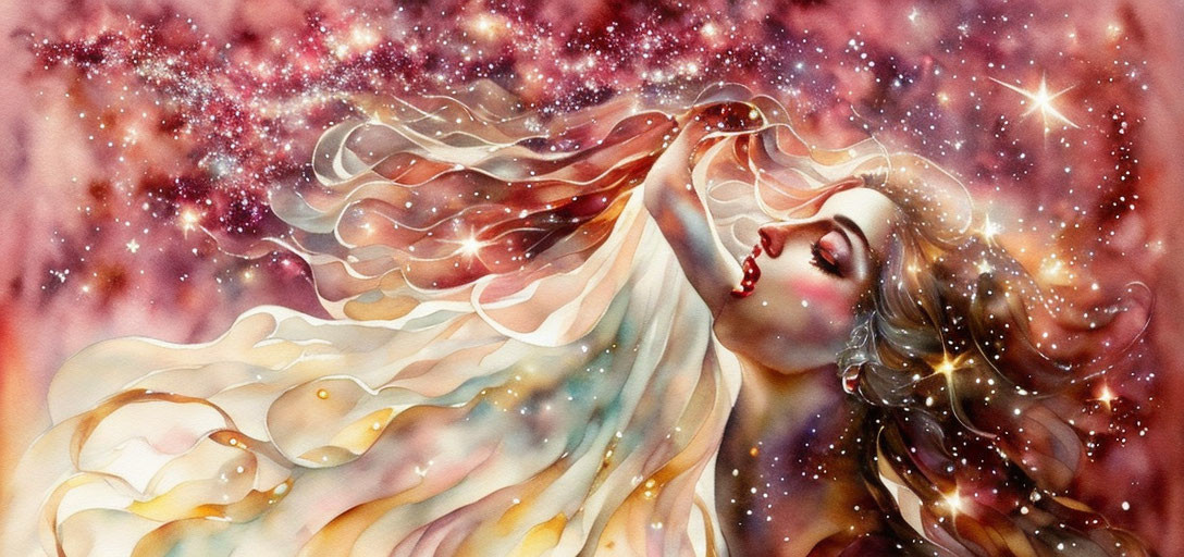 Illustration of woman with flowing hair in cosmic background