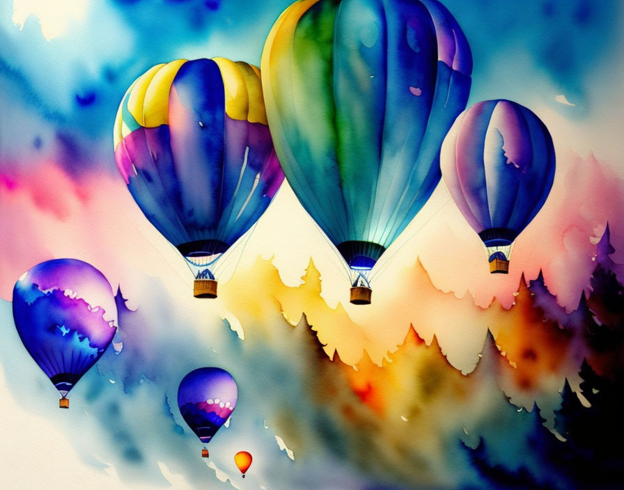 Vibrant hot air balloons over watercolor forest landscape