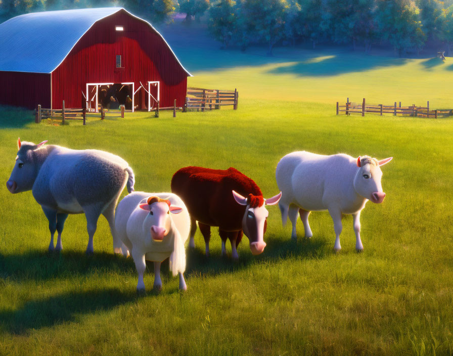 Stylized sheep group with red outlier in sunny pasture by barn