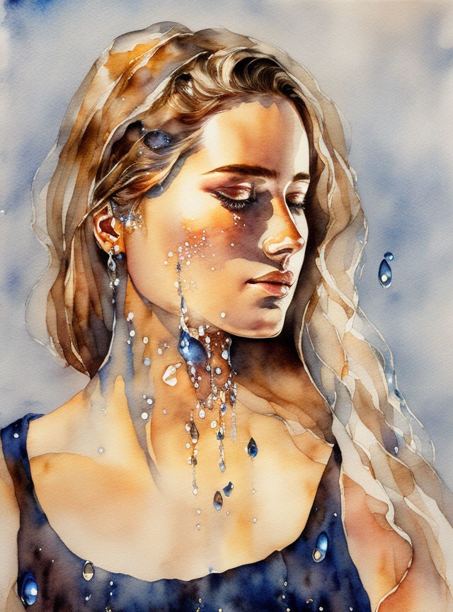 Serene woman portrait with cascading tears in watercolor