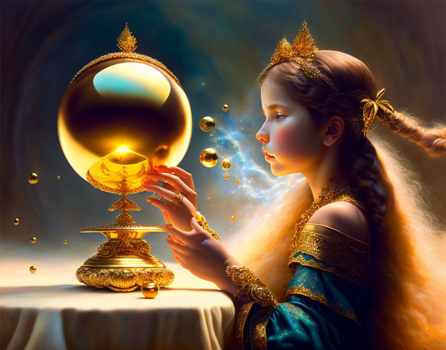 Young girl in regal attire with glowing orb and golden droplets.