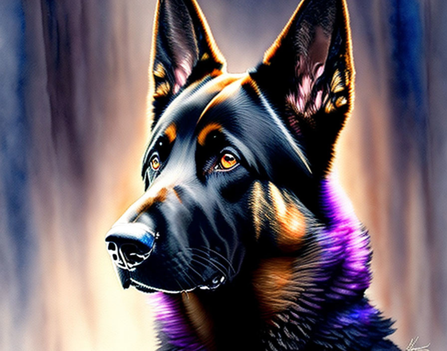 Vibrant German Shepherd digital art with detailed face & vivid background