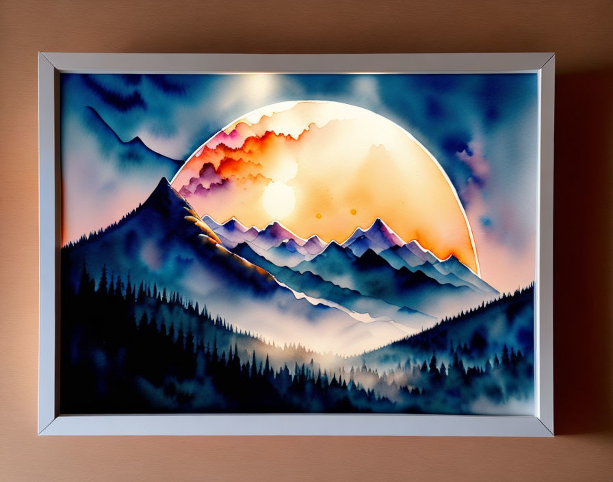 Mountain landscape watercolor painting with setting/rising sun displayed on wall