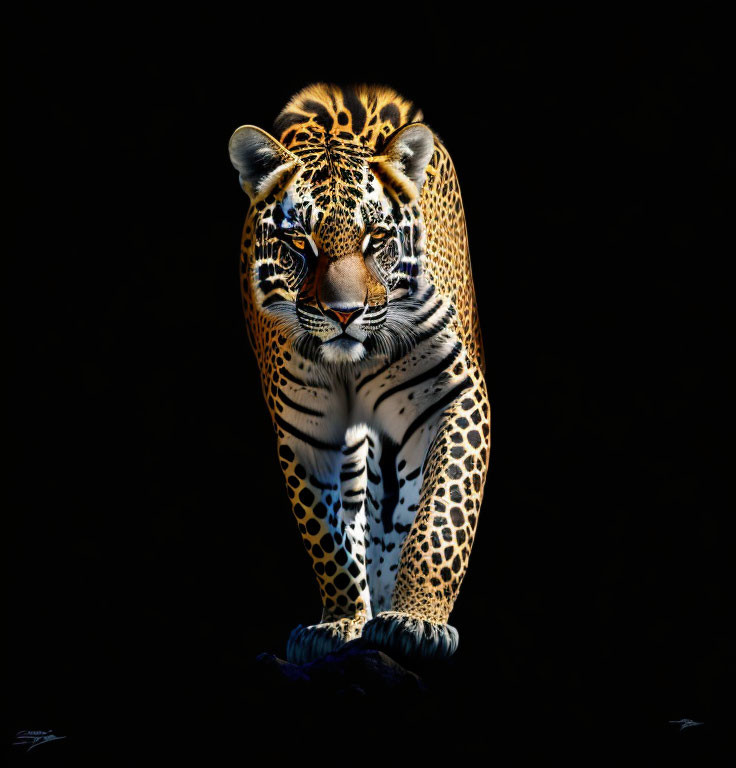 Digital Artwork: Jaguar with Intense Gaze on Dark Background