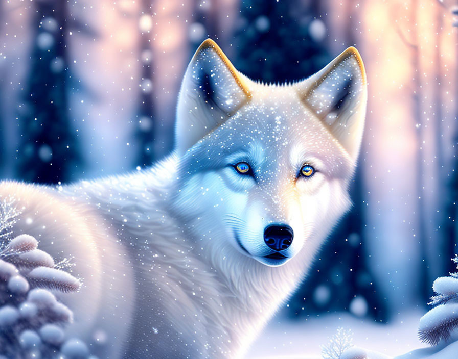 Blue-eyed wolf digital illustration in snowy landscape