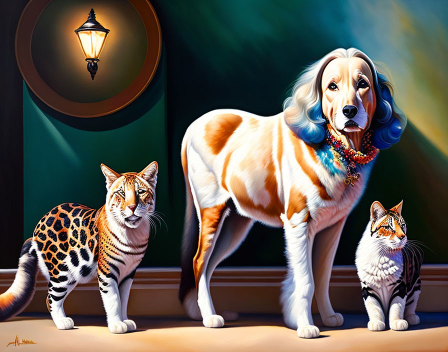 Exaggerated stylized painting of dog and cats with human-like features