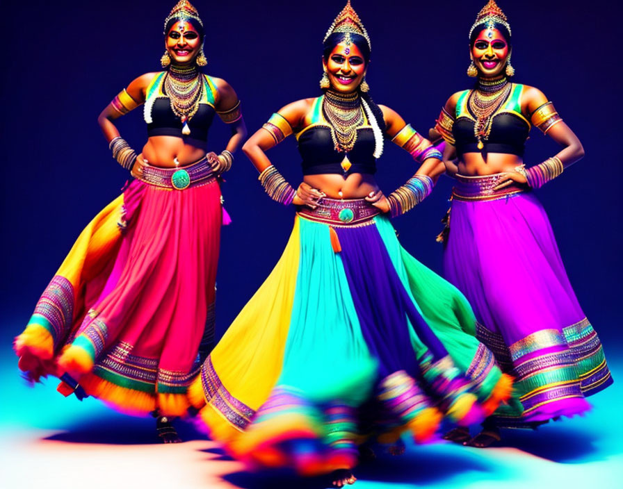 Traditional Indian Dance Performance by Three Women in Colorful Costumes