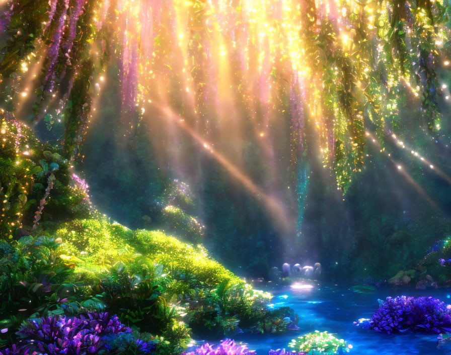 Enchanted forest with sunbeams, serene river, and colorful flora