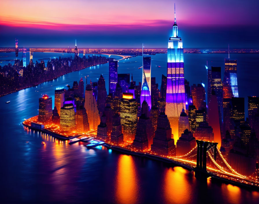 Vibrant city skyline with skyscrapers and bridge at twilight