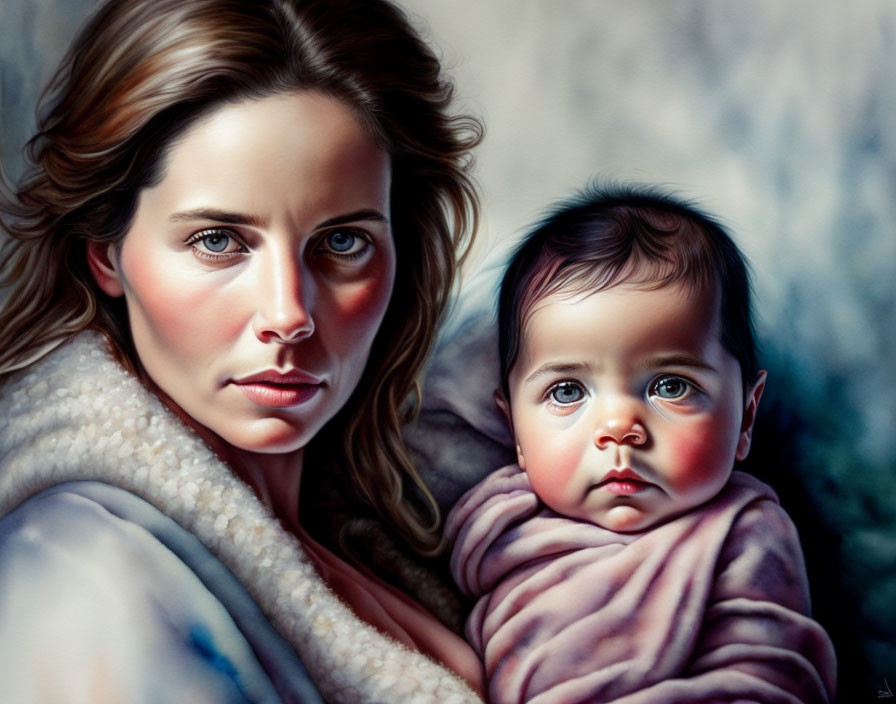 Realistic painting of woman with brown hair holding baby in pink blanket