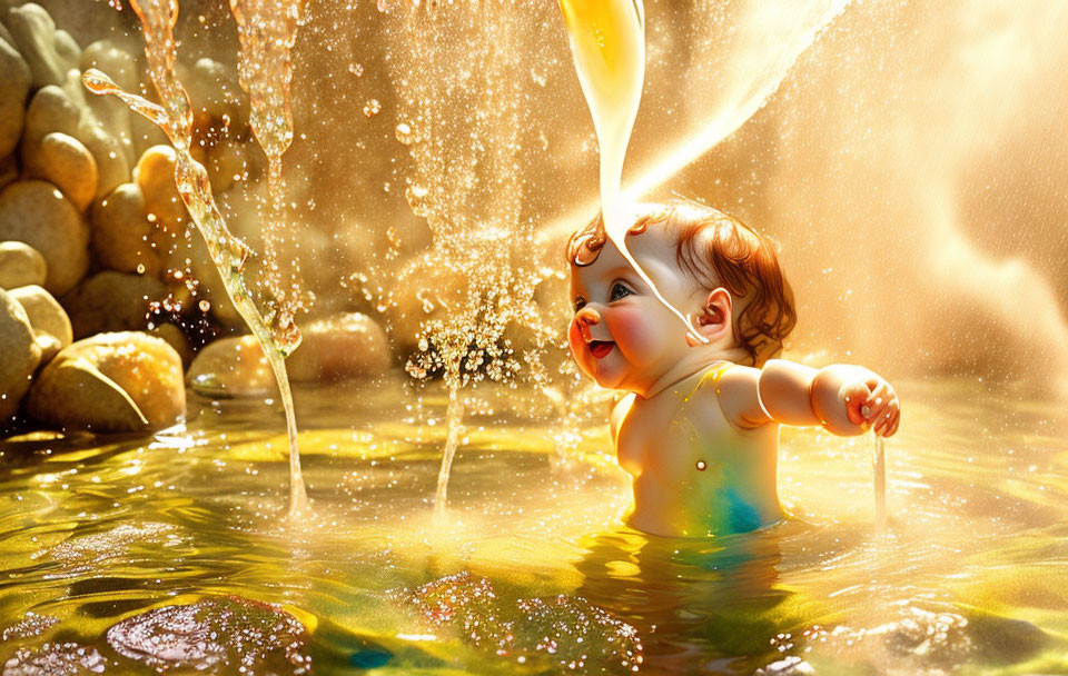 Baby splashing in shallow water with stones under sunlight