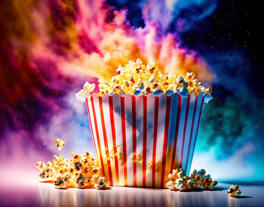 Striped popcorn box with kernels against cosmic background.