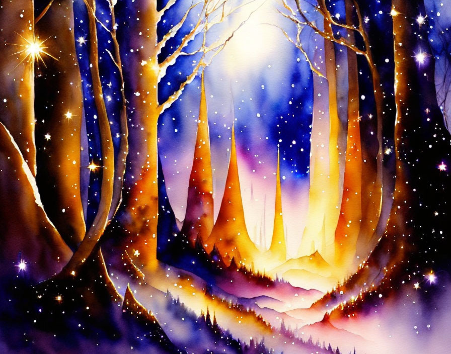 Nighttime magical forest watercolor painting with glowing stars and ethereal light.