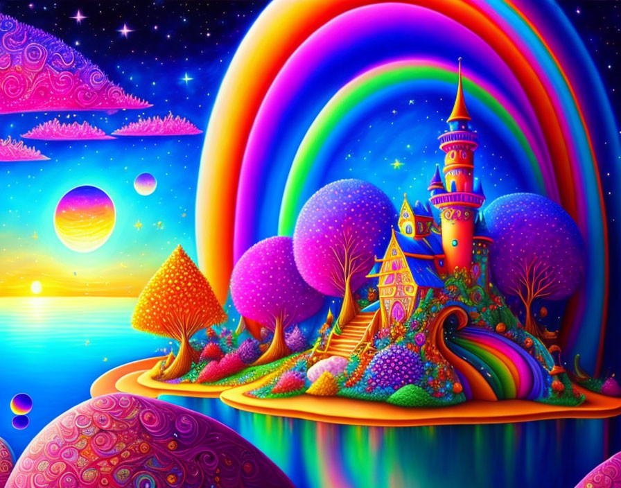 Colorful Castle and Fantasy Landscape with Rainbow, Starry Sky, and Glowing Orbs