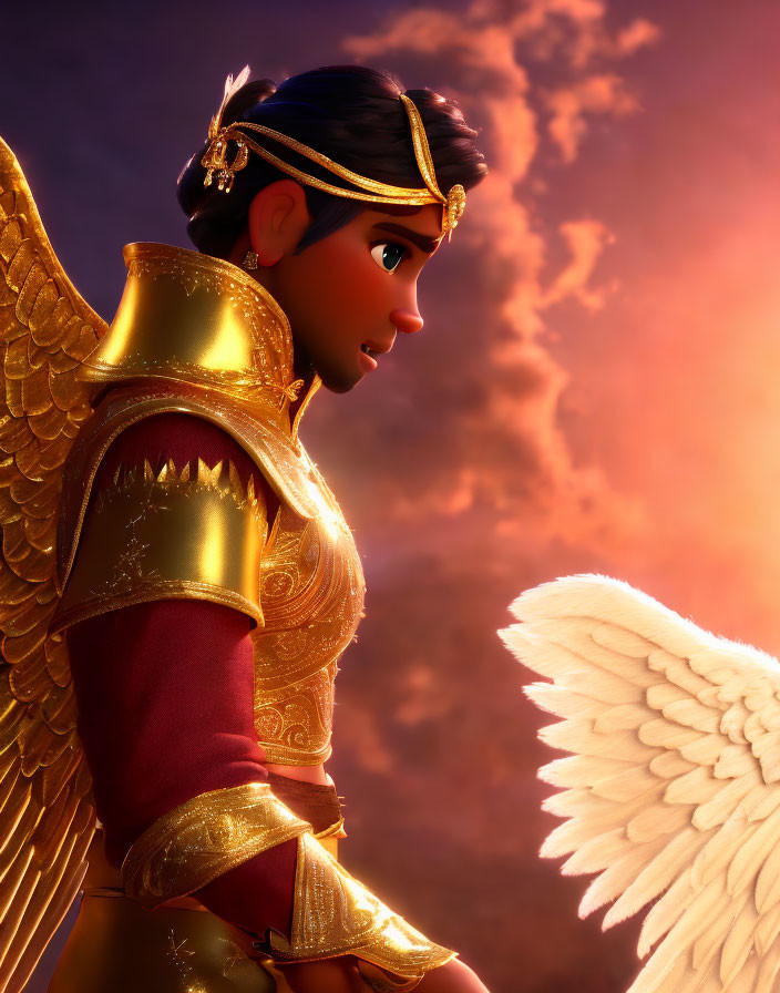 Golden-armored 3D character with feathered wings in sunset scene