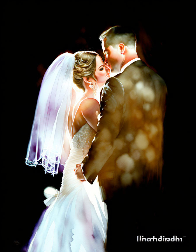 Bride and groom in wedding attire sharing intimate moment against dark background