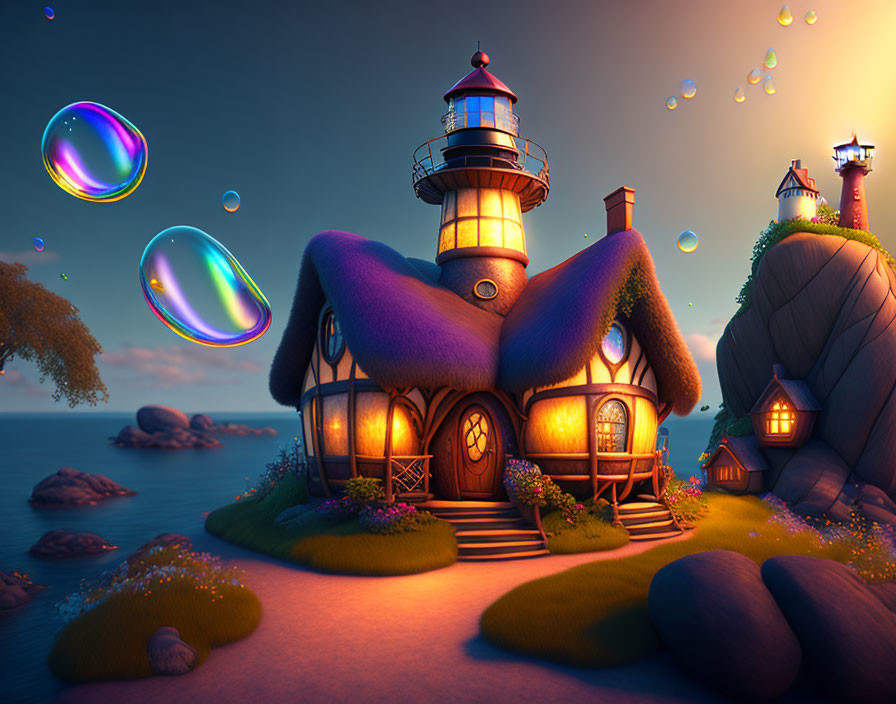 Thatched Roof Lighthouse on Serene Coast with Colorful Bubbles