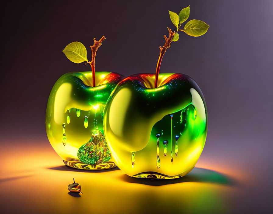 Stylized glossy apples with neon-like lighting on gradient background