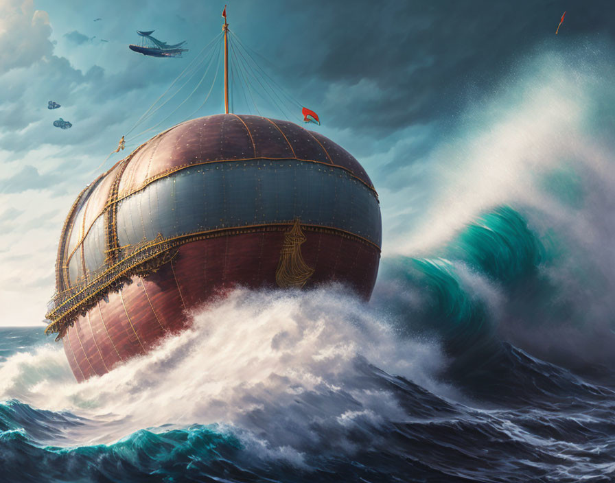 Fantastical airship navigating turbulent seas and ominous clouds