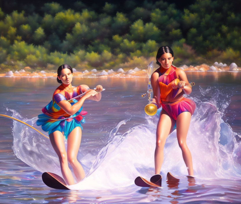 Colorfully dressed women waterskiing together on calm river with forest background