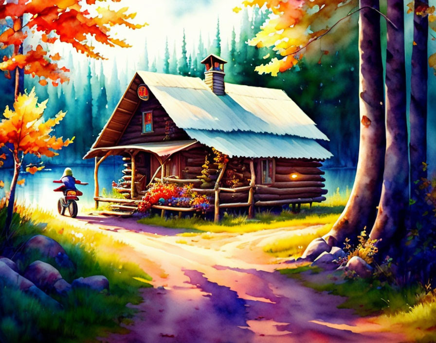 Vibrant autumnal scene: cozy log cabin, colorful trees, bicycle, warm glow