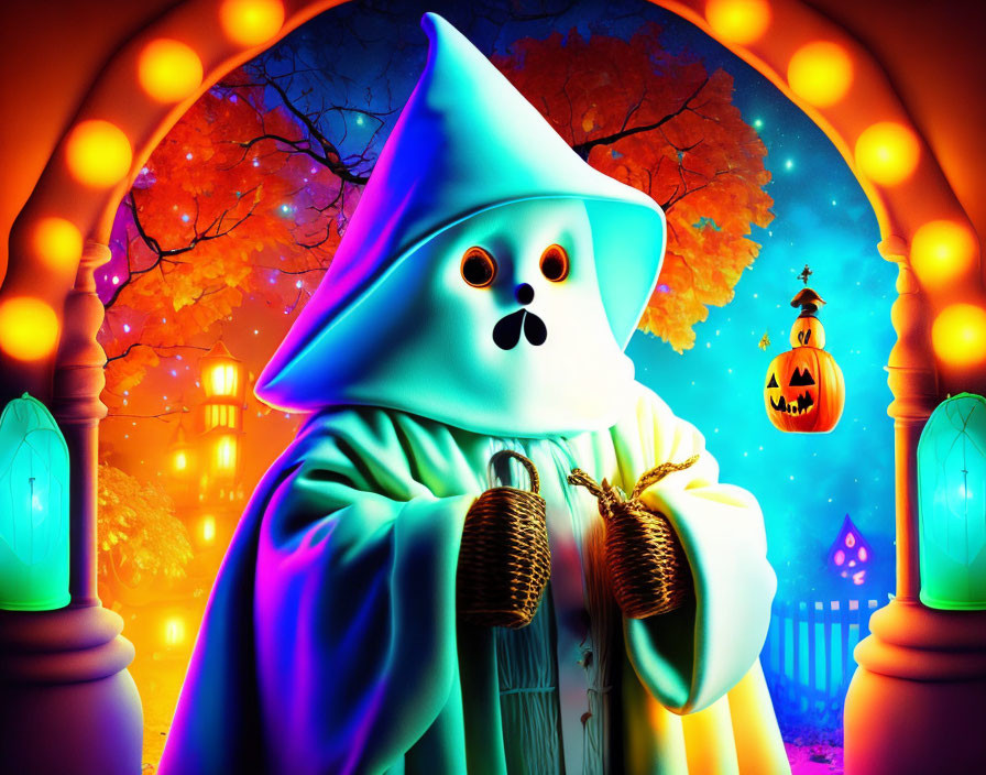 Ghostly figure in hooded cloak in Halloween scene with pumpkins & eerie lighting