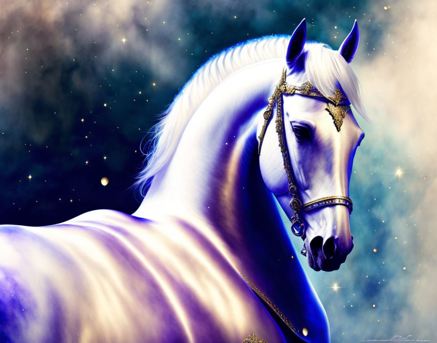 White Horse with Shimmering Mane and Cosmic Background