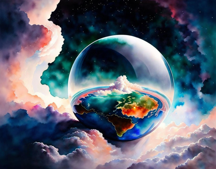 Surreal artwork: Earth in transparent bubble among stars