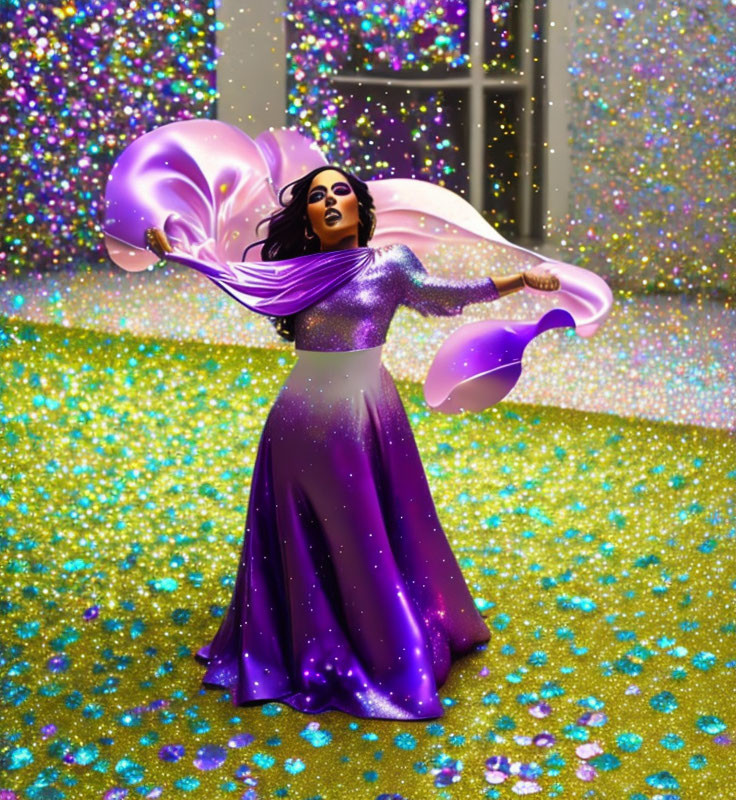 Sparkling Purple Dress Dancer in Glittery Fantasy Scene