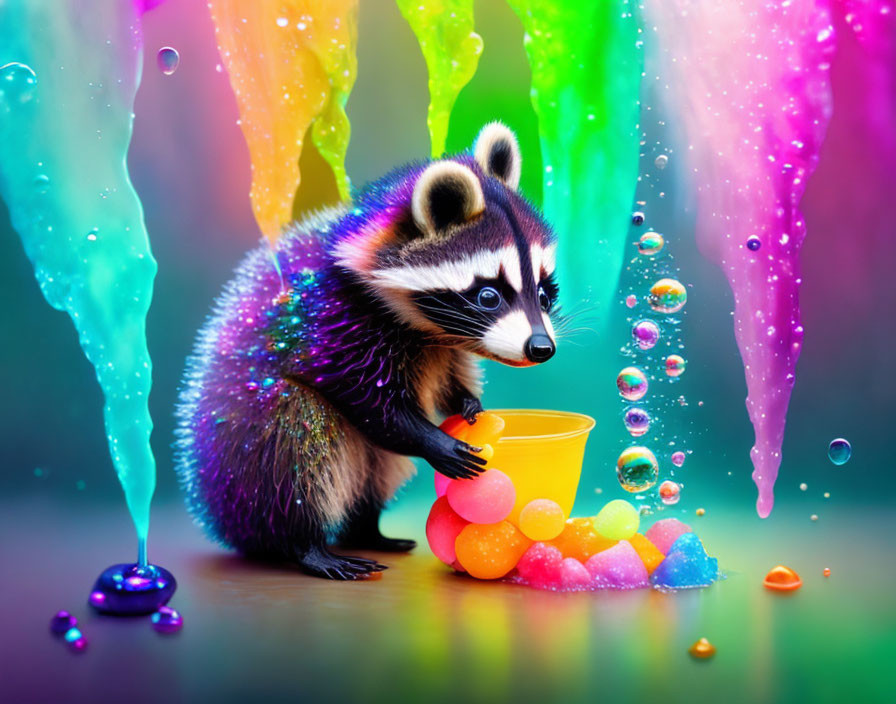 Colorful raccoon with paint and candies under neon paint drips