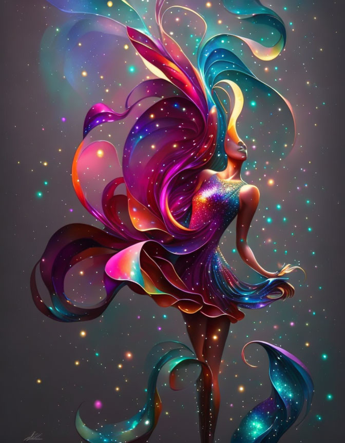 Colorful cosmic woman with flowing hair and dress in vibrant illustration