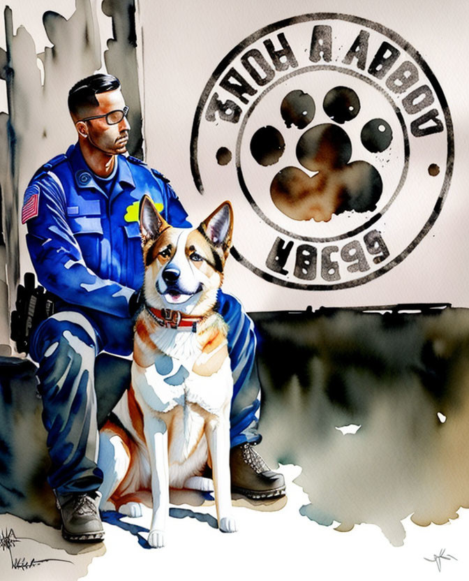 Police Officer with K-9 Partner and Paw Print Badge in Vigilant Pose