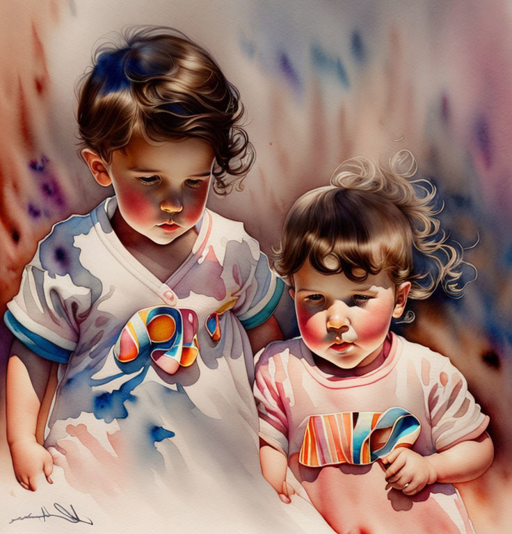 Two young children with colorful lollipops in blue and pink shirts.