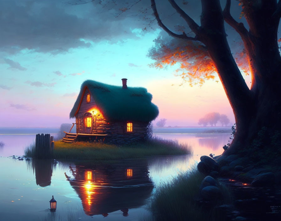 Tranquil Twilight Scene: Thatched-Roof Cottage by Calm Lake