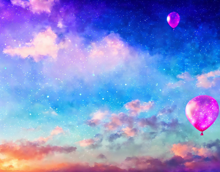 Colorful sky with blue, purple, and pink hues and glowing pink balloons