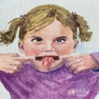 Young girl watercolor painting with blue eyes, curly hair, purple coat, and red tongue.