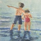 Children holding hands at water's edge in vibrant watercolor.