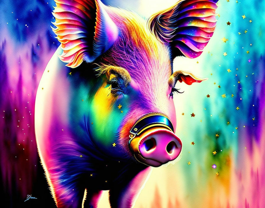 Colorful Pig Illustration with Pink and Purple Hues