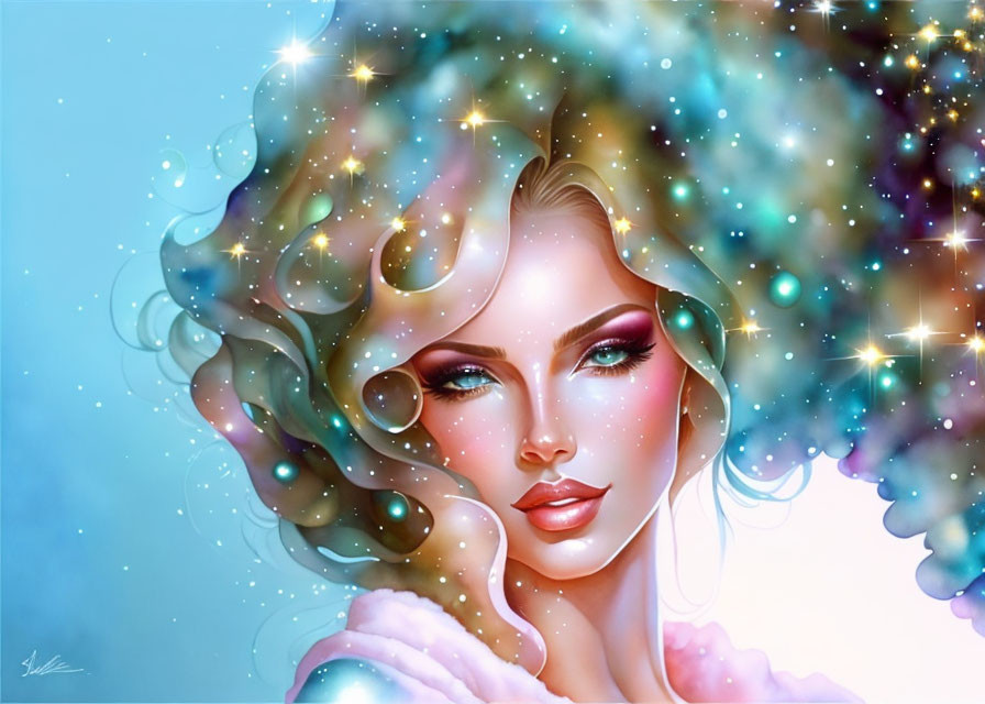 Iridescent woman with starry hair on light blue background