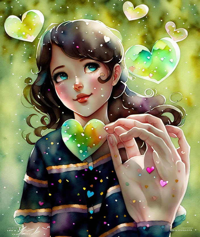 Girl with Sparkling Eyes and Dark Hair Surrounded by Heart-shaped Bubbles